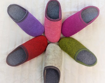 Ladies Women Real Merino Wool Felt Slippers Green Red Pink Grey Wide Mules Handmade  RubberSole Lightweight Warm Mothers Day Gift