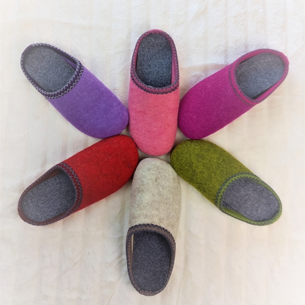 Ladies Women Real Merino Wool Felt Slippers Green Red Pink Grey Wide Mules Handmade  RubberSole Lightweight Warm Mothers Day Gift