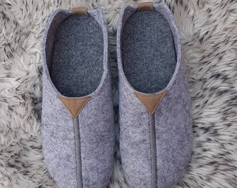 Mens Felt Grey Slippers Real Merino Wool Handmade Felted Slip On Lightweight Mules Comfy Soft Unisex Shoes Hard Sole UK Size Breathable Gift