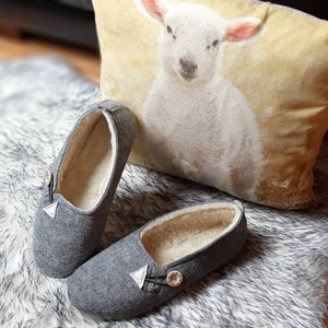 Ladies Women Real Wool  Felt Slippers Warm Wide Handmade Lightweight Button Detail Felted Ballerinas Grey Mothers Day Gift Rubber Sole UK