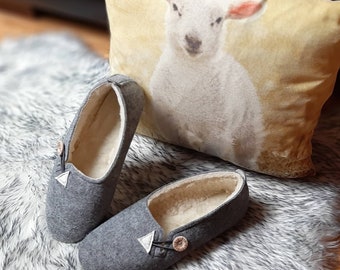 Ladies Women Real Wool  Felt Slippers Warm Wide Handmade Lightweight Button Detail Felted Ballerinas Grey Mothers Day Gift Rubber Sole UK