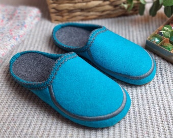 Ladies Women Blue Light Slippers Merino Wool Real Felt Slip on Handmade Woolen Lightweight Shoes Comfy Mules Warm Eco Gift Anti-Slippery