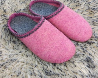 Ladies Women Pastel Pink Slippers Merino Wool Real Felt Slip on Handmade Woolen Lightweight Shoes Comfy Mules Warm Eco Gift Anti-Slippery