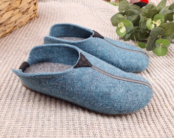 Ladies Blue Slippers Wide Natural Felt Merino Wool Handmade Womens Slip On Lightweight Comfortable Arch Support Indoor Mothers Day Gift UK