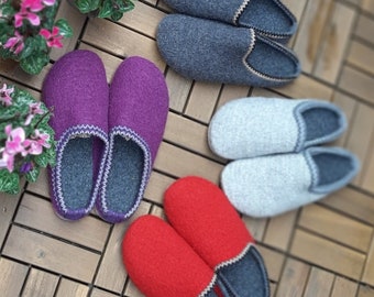 Ladies Women Real Merino Wool Felt Slippers Red Graphite Purple Grey Mules Handmade Rubber Sole Lightweight Gift Warm Eco Christmas Present