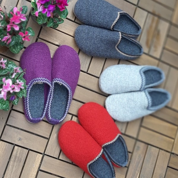 Ladies Women Real Merino Wool Felt Slippers Red Graphite Purple Grey Mules Handmade Rubber Sole Lightweight Gift Warm Eco Christmas Present