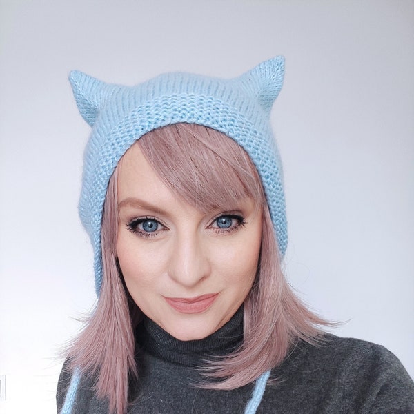 Kitty Ears Bonnet for Adult Knitting pattern PDF in english vintage hat with ties