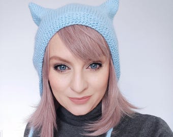 Kitty Ears Bonnet for Adult Knitting pattern PDF in english vintage hat with ties