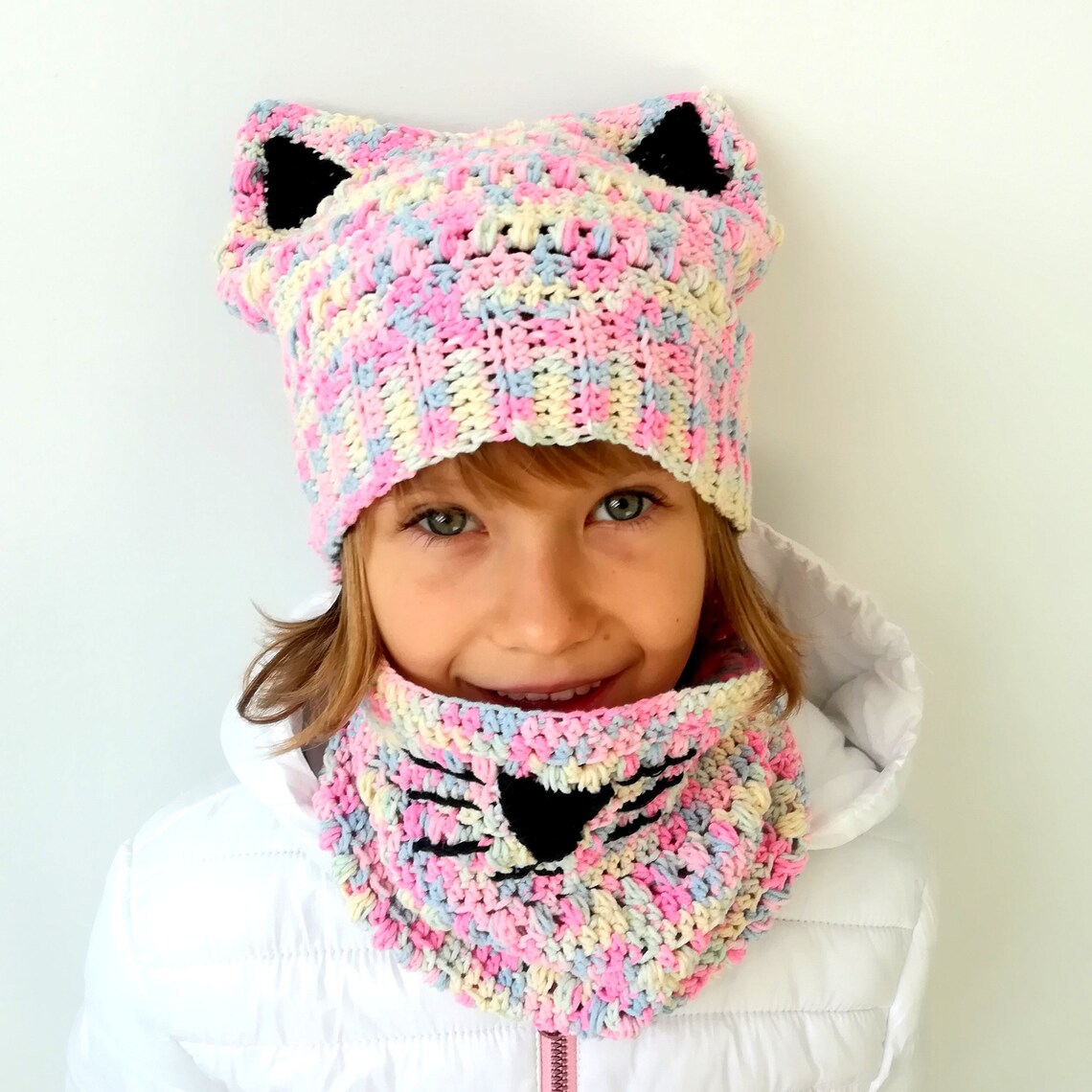 Kitty Cat Hat and Cowl Set Crochet Pattern, Crochet Cat Hat Pattern
