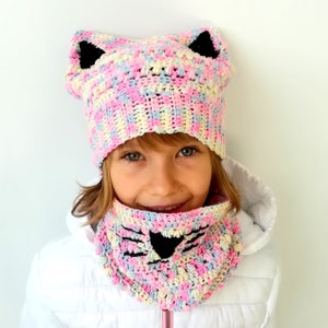 Kitty Cat Hat and Cowl Set Crochet Pattern, Crochet Cat Hat Pattern, Easy Crochet Pattern, Cat Hat, Cat Cowl, PDF image 1