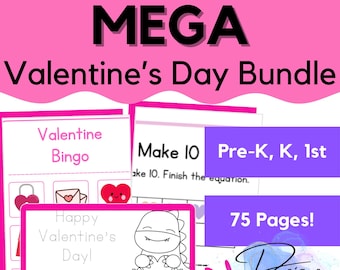 MEGA Valentine's Day Bundle for Pre-K, Kindergarten, 1st Grade - Classroom and Home  - 75+ - Printables - Games - Worksheets - Coloring ++