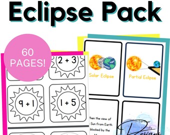 2024 Solar Eclipse Pack for Preschool, Kindergarten - Games - Coloring - Eclipse Themed Alphabet and Addition