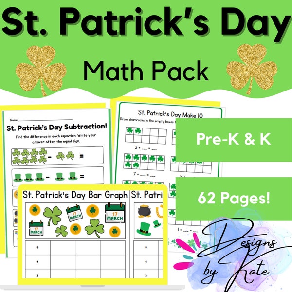 MEGA St. Patrick's Day Math Pack for Pre-K & Kindergarten - Classroom and Home - 62pg - Printables - Worksheets - -Homeschool - Educational