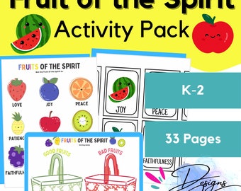Puede incluir: Un paquete de actividades imprimible colorido para niños de jardín de infantes a segundo grado. El paquete presenta una variedad de actividades relacionadas con los frutos del espíritu, que incluyen juegos de emparejamiento, páginas para colorear y actividades de clasificación. El paquete incluye 33 páginas de actividades.