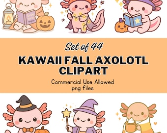 Kawaii Halloween Axolotl Clipart | Höstdjur PNG-klistermärken (digital nedladdning)