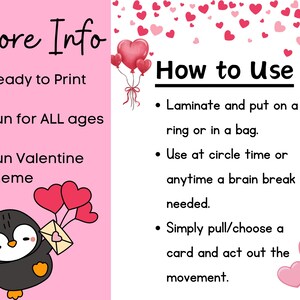 Puede incluir: Gr&aacute;fico rosa con tem&aacute;tica de San Valent&iacute;n con un ping&uuml;ino sosteniendo globos de coraz&oacute;n y un sobre. El texto incluye "More Info" y "How to Use" con instrucciones. Los corazones rojos est&aacute;n dispersos en la parte superior.