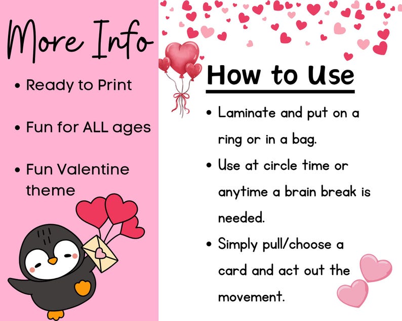 Puede incluir: Gr&aacute;fico rosa con tem&aacute;tica de San Valent&iacute;n con un ping&uuml;ino sosteniendo globos de coraz&oacute;n y un sobre. El texto incluye "More Info" y "How to Use" con instrucciones. Los corazones rojos est&aacute;n dispersos en la parte superior.