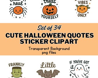 Kawaii Halloween Clipart | Ghost, Pumpkin, Bat Quotes (PNG, Commercial Use)