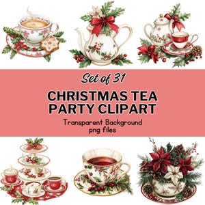 May include: A set of 31 watercolor illustrations of Christmas tea party elements, including teacups, teapots, a tiered cake stand, and a floral arrangement. The illustrations are on a transparent background and are perfect for creating festive designs.