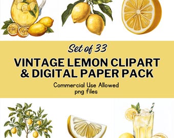 Vintage Lemon Clipart & Digital Paper Pack: Summer Fruit Graphics