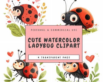Ladybug Watercolor Clipart | 4 PNG Files, Commercial Use