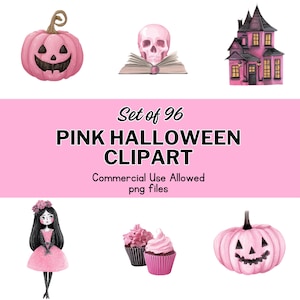 Pink Halloween Clipart Bundle: 96 Pastel PNG Graphics, Commercial Use