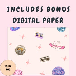 Puede incluir: Un dise&ntilde;o de papel digital con un fondo rosa claro que presenta ilustraciones de bolas de discoteca, radiocasetes, un sombrero de vaquero y estrellas. El texto "INCLUDES BONUS DIGITAL PAPER" est&aacute; en la parte superior. Un c&iacute;rculo en la parte inferior izquierda dice "12 x 12 PNG".