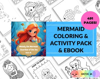 May include: A blue and pink title card with the text "Mermaid Coloring & Activity Pack & Ebook" and "491 Pages!"  The image also shows a variety of black and white coloring pages featuring mermaids, fish, and other sea creatures.
