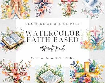 Watercolor Faith Clip Art: Cross, Bible, Dove (20 Transparent PNGs)