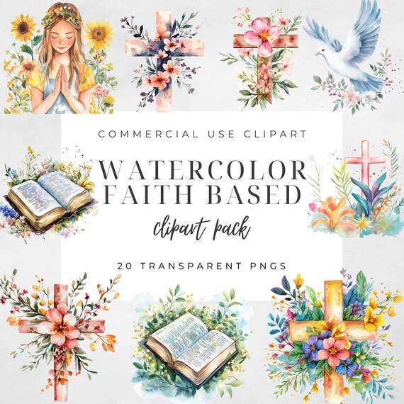 Watercolor Faith Clip Art: Cross, Bible, Dove (20 Transparent PNGs)
