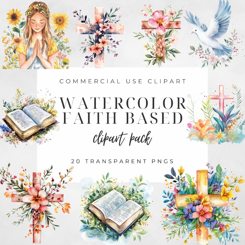 May include: Watercolor clipart pack featuring crosses, doves, open bibles, and floral arrangements. The clipart is perfect for creating religious-themed crafts, invitations, and other projects.