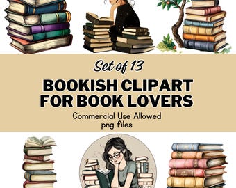 Bücherwurm Clipart Bundle: Lesendes Mädchen, Bücher, Blumen (Kommerzielle Nutzung, PNG-Dateien)