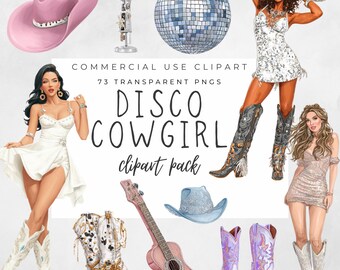 Disco Cowgirl Clipart Set | 73 PNGs | Western Glam Boots, Hats, Disco Balls, Aesthetic Clip Art | Commercial Use | Bonus Digital Paper