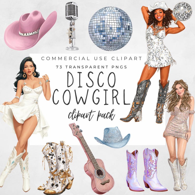Puede incluir: Un paquete de im&aacute;genes predise&ntilde;adas digitales con un tema de vaquera disco. La imagen incluye ilustraciones de un sombrero de vaquero rosa, un micr&oacute;fono, una bola de discoteca, un ukelele rosa y varios pares de botas de vaquero. Tambi&eacute;n est&aacute; presente el texto "DISCO COWGIRL clipart pack".