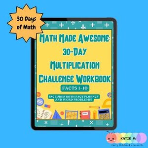 Puede incluir: Una tableta digital muestra una colorida portada de cuaderno de trabajo con el texto "Math Made Awesome 30-Day Multiplication Challenge Workbook". La portada incluye el texto "Facts 1-10" y "Includes Both Fact Fluency and Word Problems!". Una estrella dice "30 Days of Math."