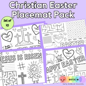 以下が含まれることがあります： 様々なアクティビティが楽しめる、キリスト教のイースター用プレースマット10枚セット。プレースマットには、十字架、迷路、単語スクランブル、イエスとイースターのシンボルのイラストが描かれています。「イエスは王！」や聖書の言葉も含まれています。