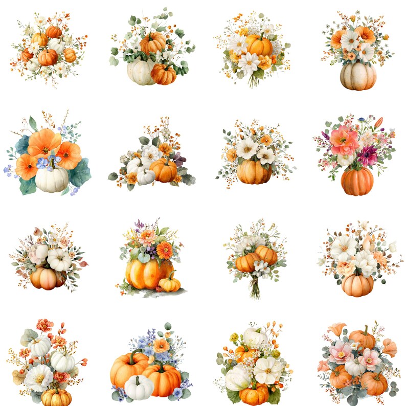 Pumpkin Bouquet Clipart | Fall Floral Pumpkins PNG | Autumn Watercolor ...