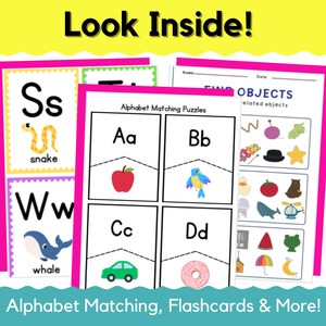 May include: A set of alphabet matching puzzles for kids. The puzzles feature colorful illustrations of a snake, whale, apple, bird, car, and donut. The puzzles are designed to help children learn the alphabet and improve their fine motor skills.