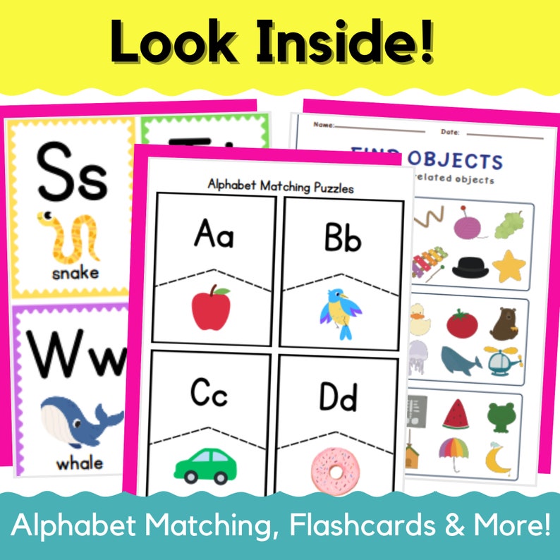 May include: A set of alphabet matching puzzles for kids. The puzzles feature colorful illustrations of a snake, whale, apple, bird, car, and donut. The puzzles are designed to help children learn the alphabet and improve their fine motor skills.