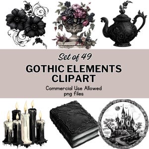 Gothic Elements Clipart Bundle | 49 PNG Files | Black Vintage Flowers, Skulls, Candles & Castles | Transparent Background | Commercial Use