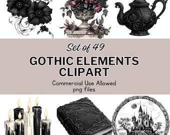 Gotiskt clipartpaket: Dödskallar, blommor, slott (49 PNG-filer, kommersiellt bruk)