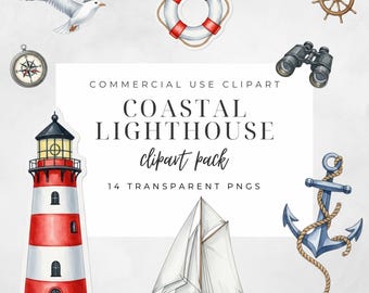 Kustfyr Clipart-paket – Akvarell nautisk grafik (14 PNG-bilder)