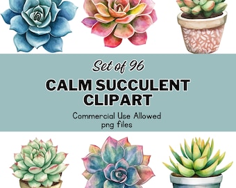 Akvarell suckulent clipart-paket: 96 PNG-grafik, kommersiellt bruk (digital nedladdning)