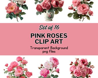 Pink Rose Clipart Set: 16 Floral Bouquet PNGs (Digital Download)