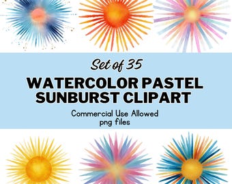 Clipart di sole acquerello, sole arcobaleno pastello PNG (download digitale)