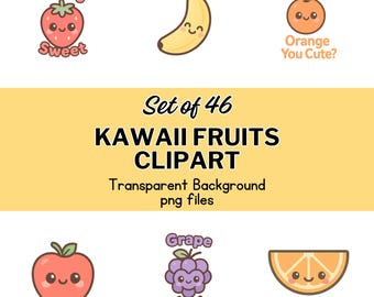 Kawaii fruit clipart | Leuke fruit-png-bundel | 46 PNG's met transparante achtergrond | Commercieel gebruik