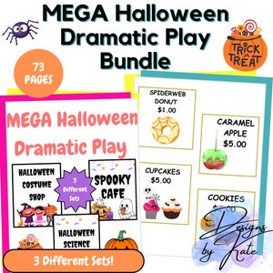 May include: A printable Halloween dramatic play bundle with 73 pages. The bundle includes three different sets: Halloween Costume Shop, Spooky Cafe, and Halloween Science. Each set features colorful illustrations and text. The text includes "3 Different Sets!" and "MEGA Halloween Dramatic Play Bundle".