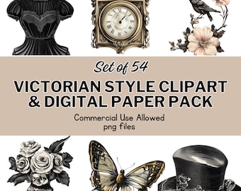 Victorian Clipart & Digital Paper Pack | Vintage Ephemera Floral PNGs | Printable Scrapbooking Kit | Junk Journal, Craft Supply