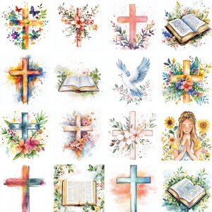 May include: A collection of watercolor illustrations featuring crosses, flowers, doves, and open Bibles. The images are in a variety of colors, including blue, green, pink, and yellow.