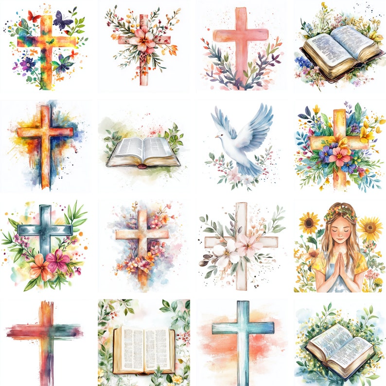 May include: A collection of watercolor illustrations featuring crosses, flowers, doves, and open Bibles. The images are in a variety of colors, including blue, green, pink, and yellow.